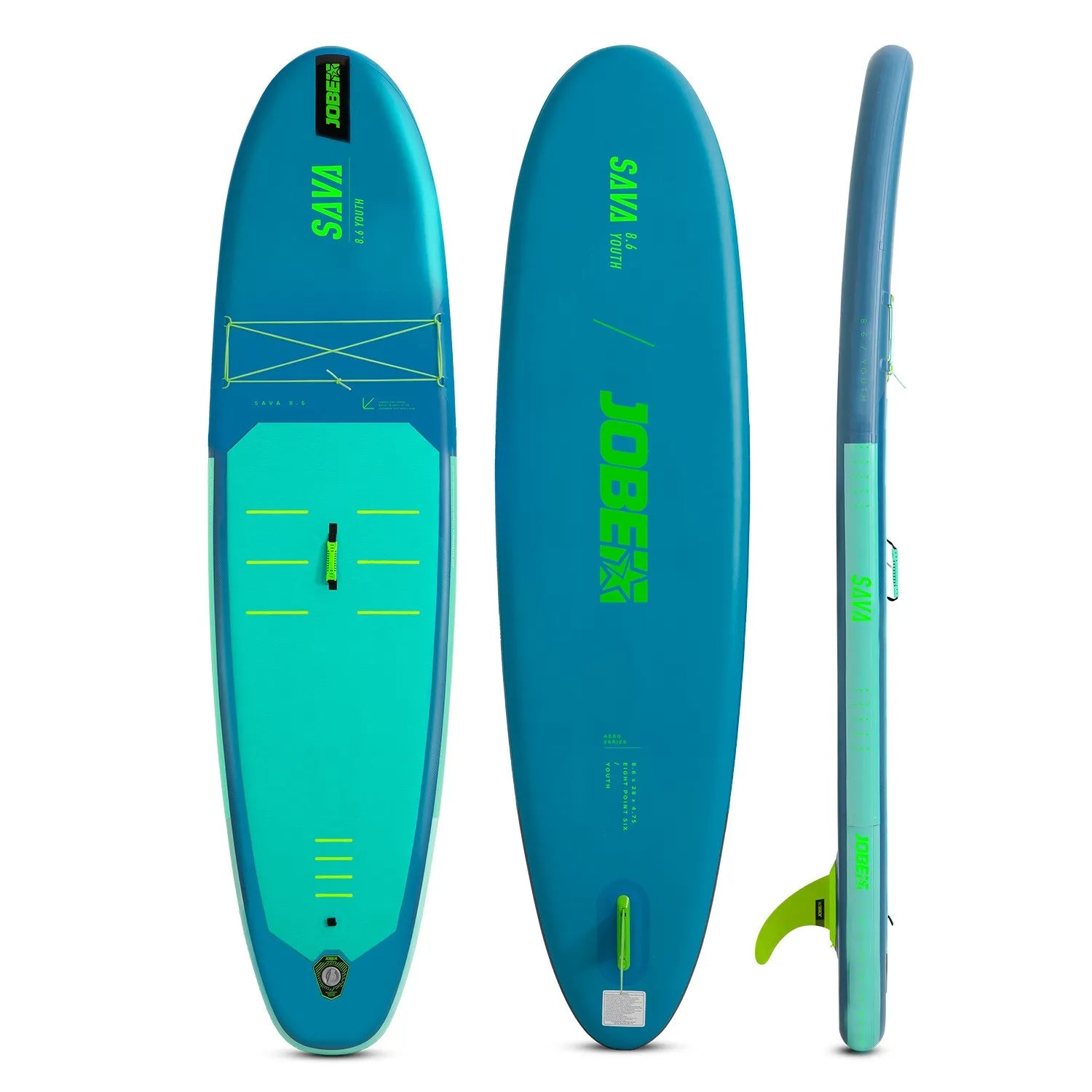 Blue and green inflatable stand-up paddleboard with branding on a white background