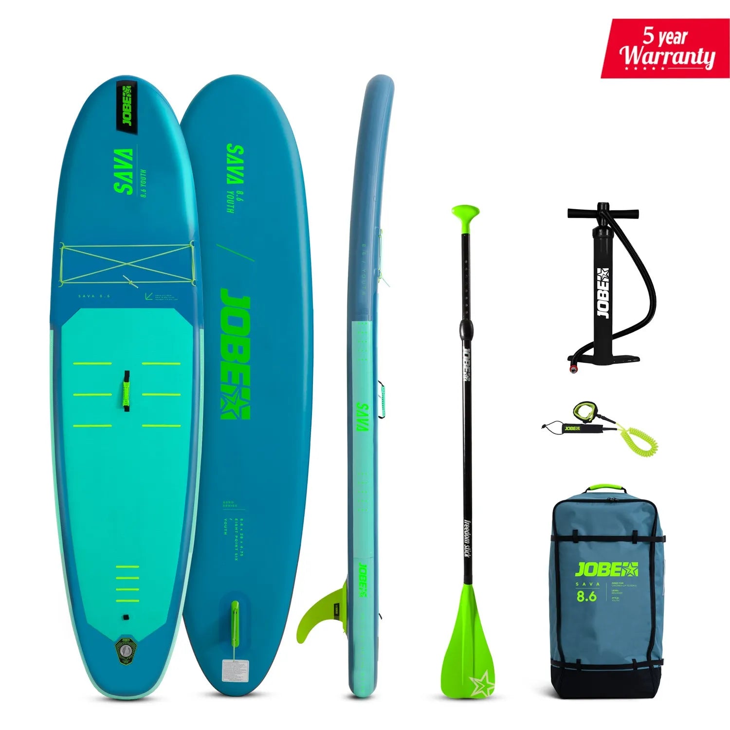 Teal inflatable stand-up paddleboard with green text, paddle, pump, and backpack on a white background.