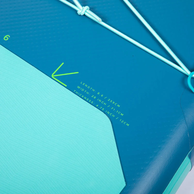 Blue mat with measurement details and a green arrow on a blue background