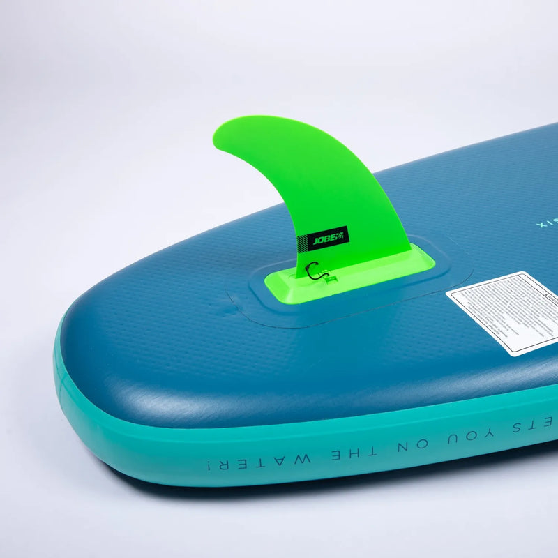 Blue and green inflatable water board with a green fin on a white background
