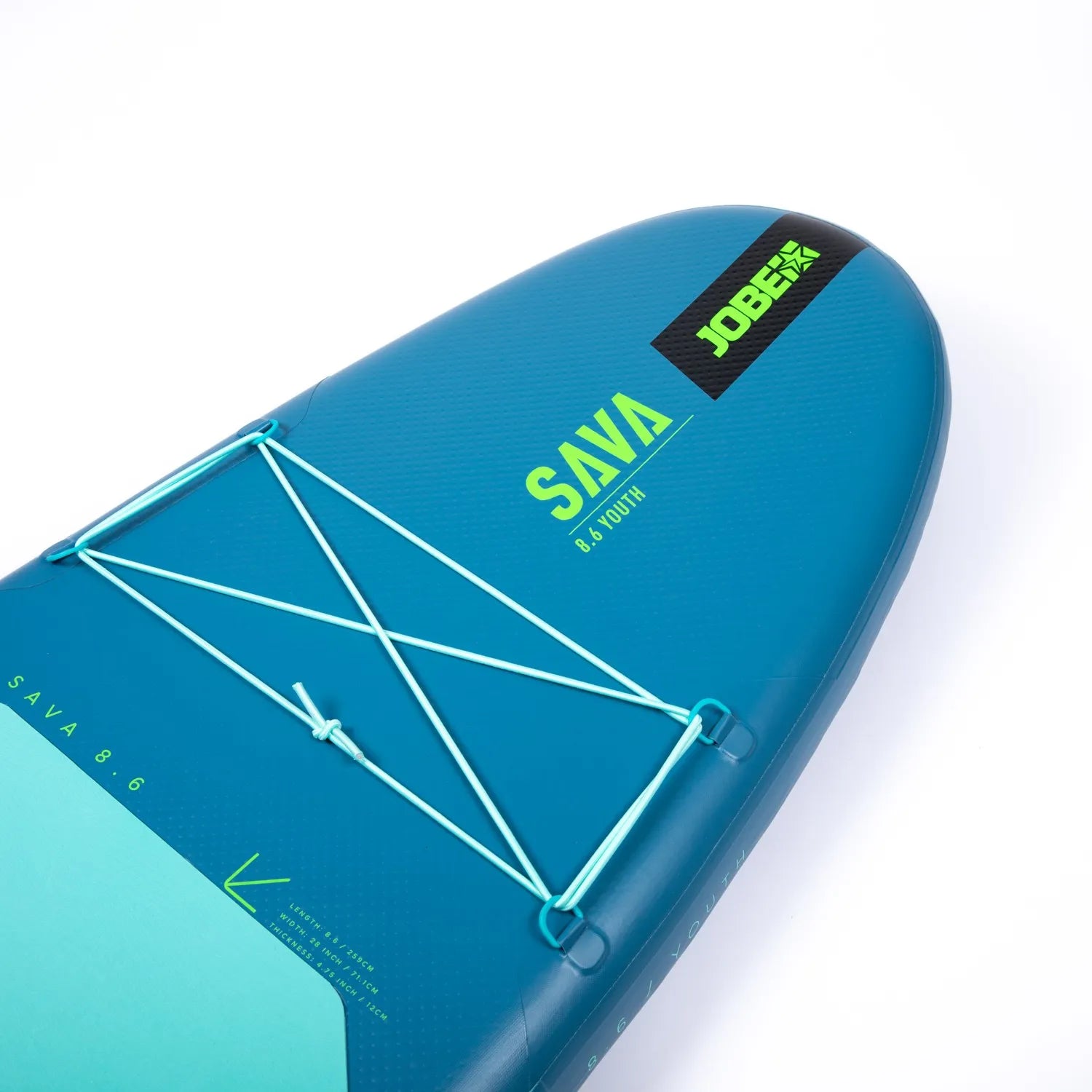 Blue inflatable paddle board with 'Sava' branding on a white background