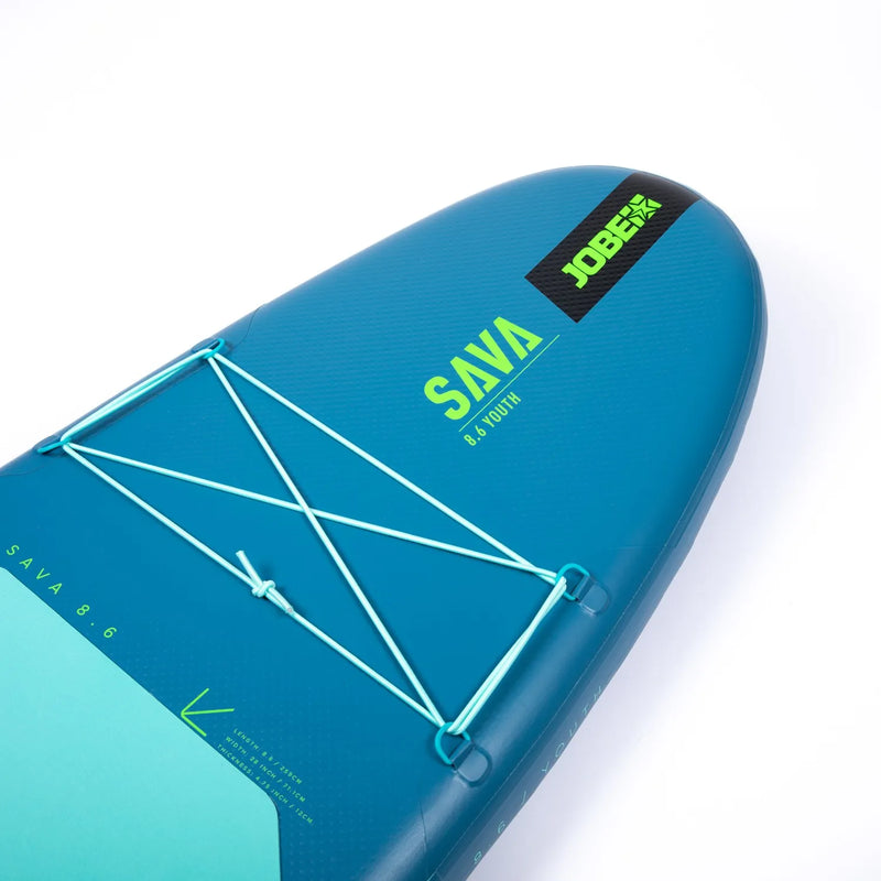Blue inflatable paddle board with 'Sava' branding on a white background