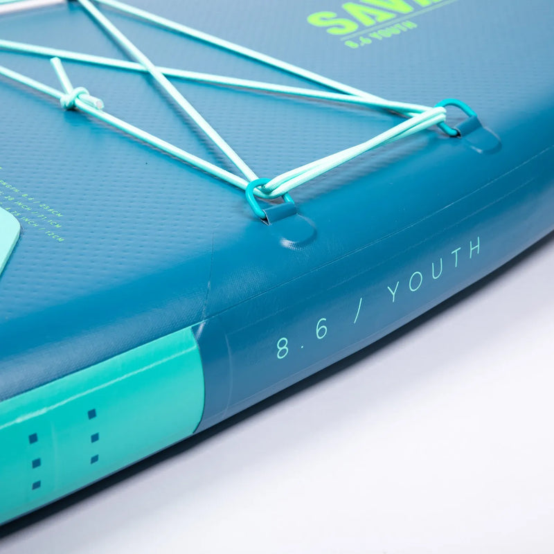 Blue and green surfboard with 'SAV' branding on a white background