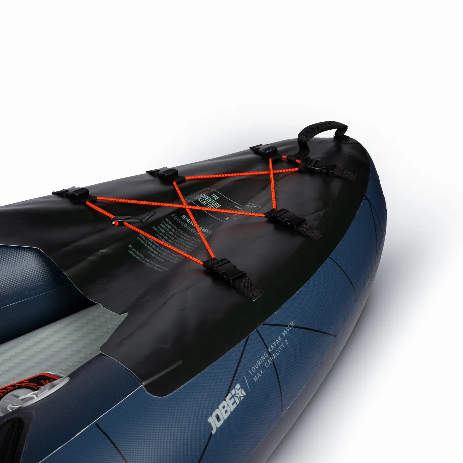 Blue inflatable kayak with orange straps on a white background