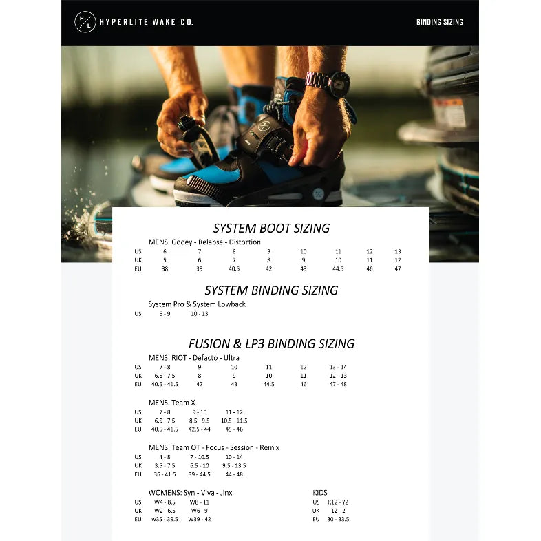 Hyperlite wakeboard binding size chart