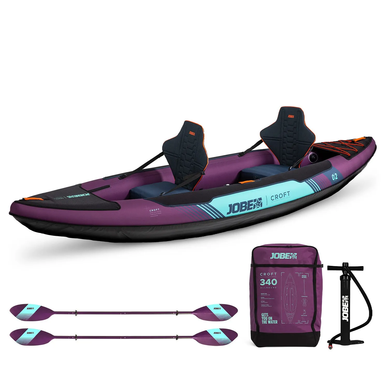 Inflatable kayak with accessories on a white background