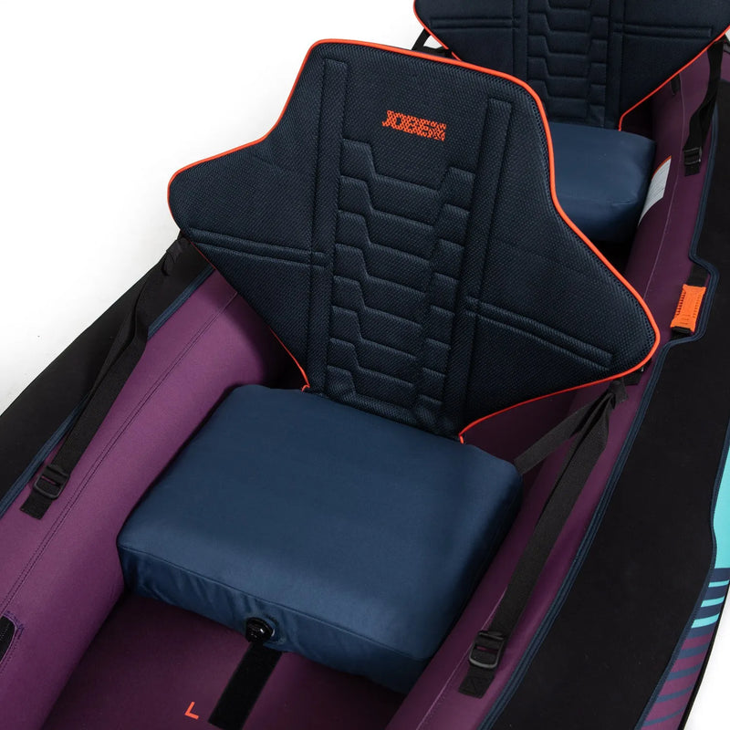 kayak seat with black and orange interior design, featuring a visible brand logo.