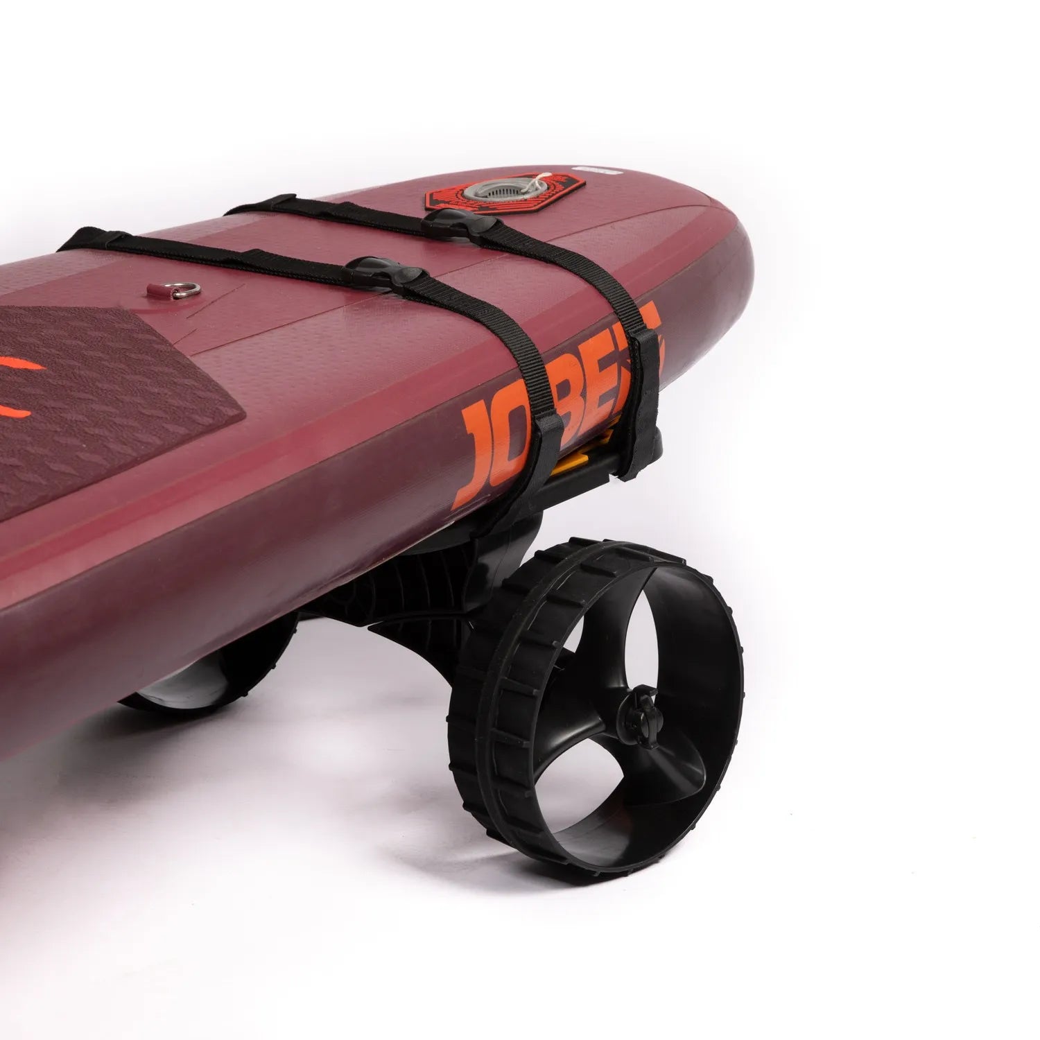 Red and black inflatable kayak with wheels on a white background