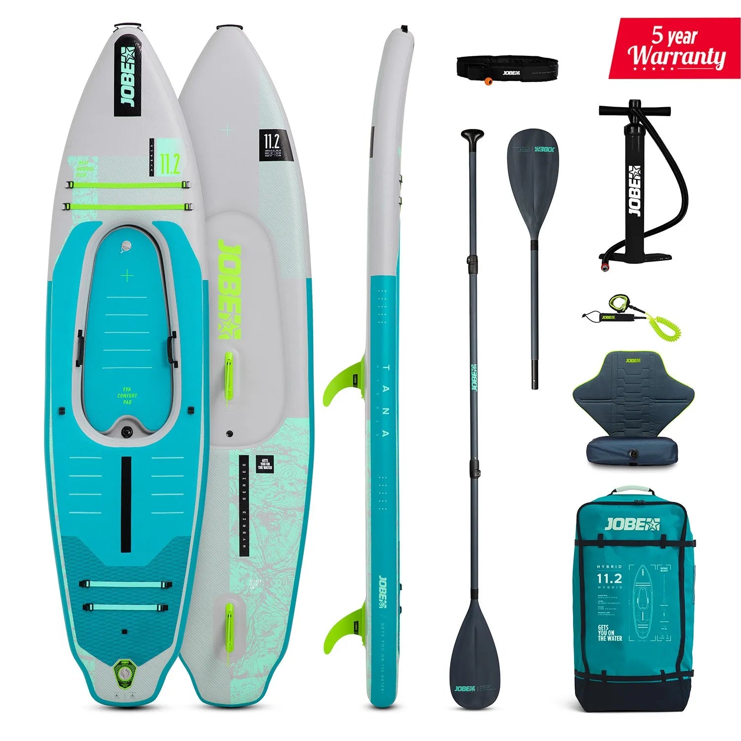 Jobe inflatable stand-up paddleboard set with accessories on a white background