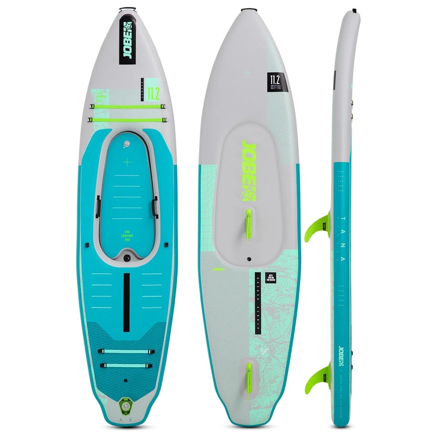Inflatable stand-up paddleboard with JOBE branding on a white background