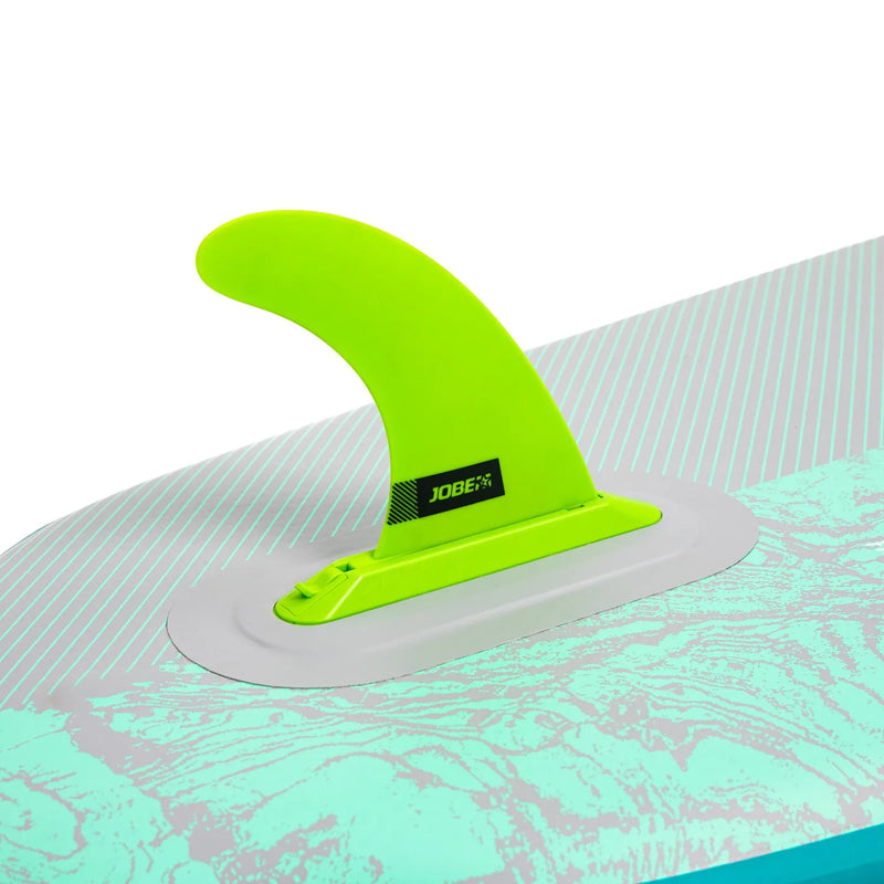 Green surfboard fin with JOBE logo on a light blue and white patterned surfboard.