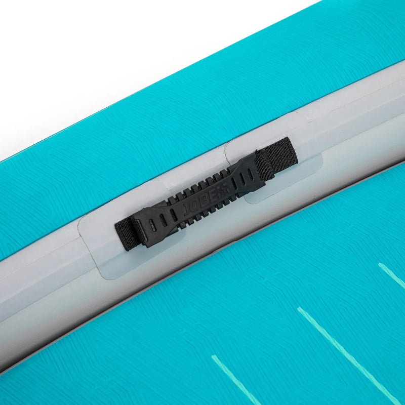 Close-up of a blue and gray device with a black strap on a white background