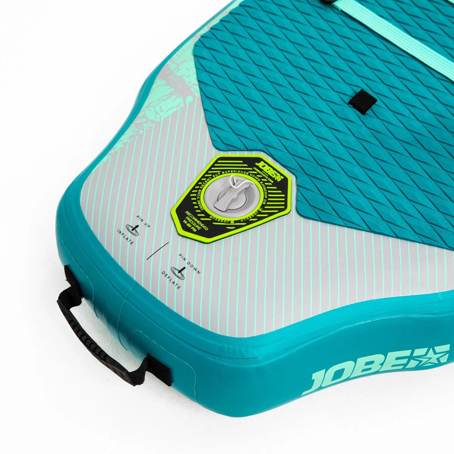 Close-up of a teal and gray Jobe inflatable water board with a logo on a white background