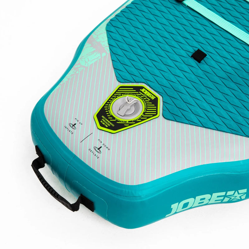 Close-up of a teal and gray Jobe inflatable water board with a logo on a white background