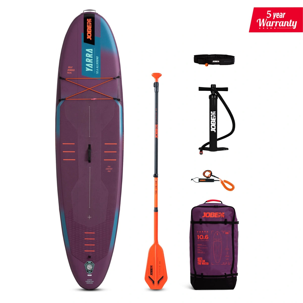 Complete Jobe Aero Yarra SUP Board 10.6 Package with paddle, pump, and accessories