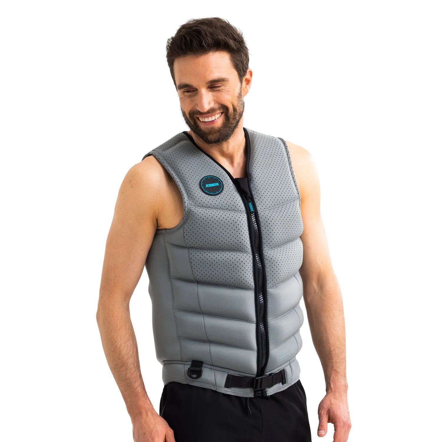 Man wearing a gray life vest on a white background