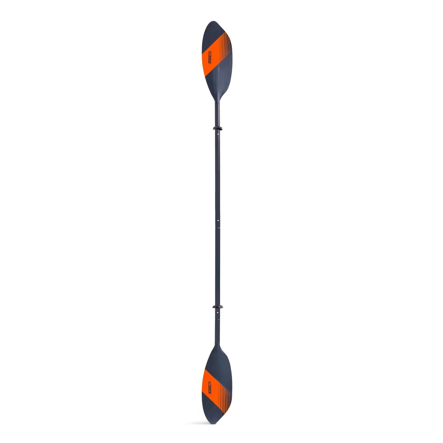 Kayak paddle with orange and black design on a white background