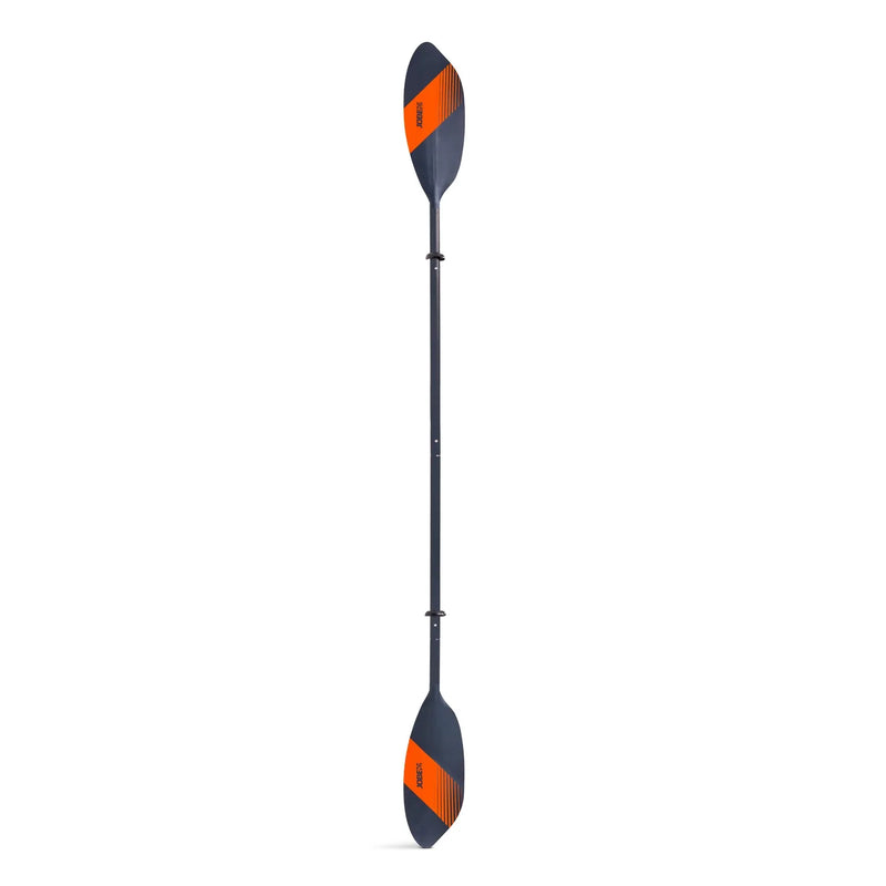 Kayak paddle with orange and black design on a white background