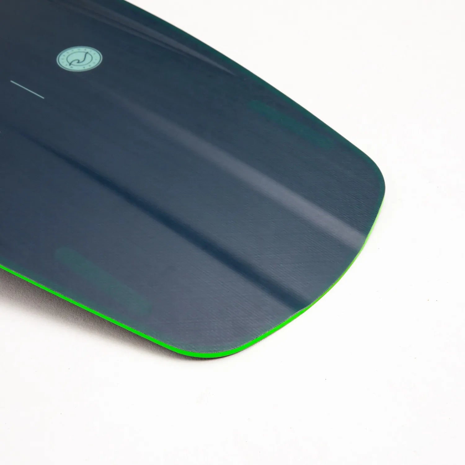 Dark green wakeboard deck with a logo on a white background