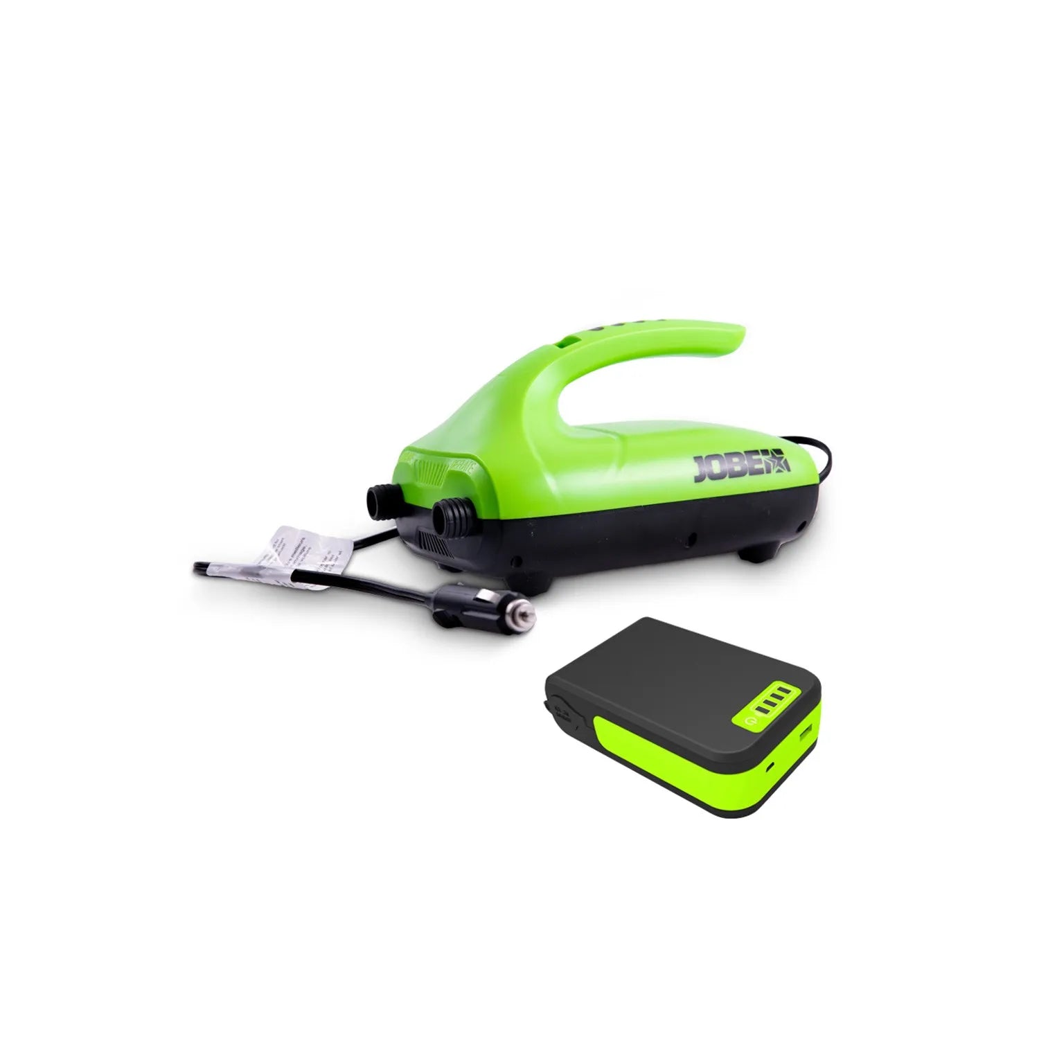 Green and black air compressor with battery on a white background